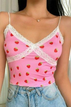 aesthetic strawberry pink lace crop top & 8211 summer tank 4747