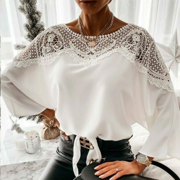 autumn lace stitching white blouse & 8211 vintage elegant ladies top 4682