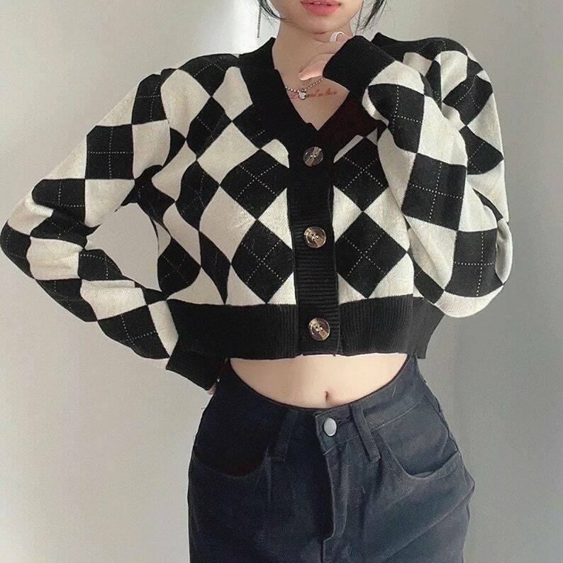 black argyle plaid cropped sweater cardigan & 8211 y2k fashion 2550