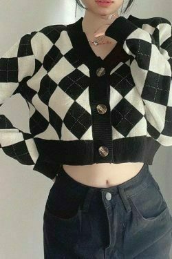 black argyle plaid cropped sweater cardigan & 8211 y2k fashion 5380