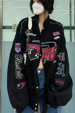 black vintage jacket women casual oversized long sleeve baseball uniform 2480