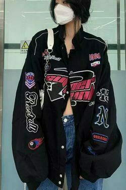 black vintage jacket women casual oversized long sleeve baseball uniform 7181