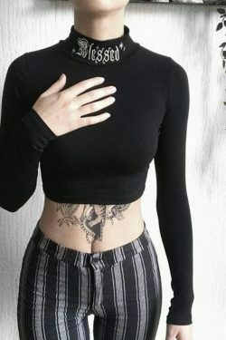 blessed gothic long sleeve crop top in black 2551