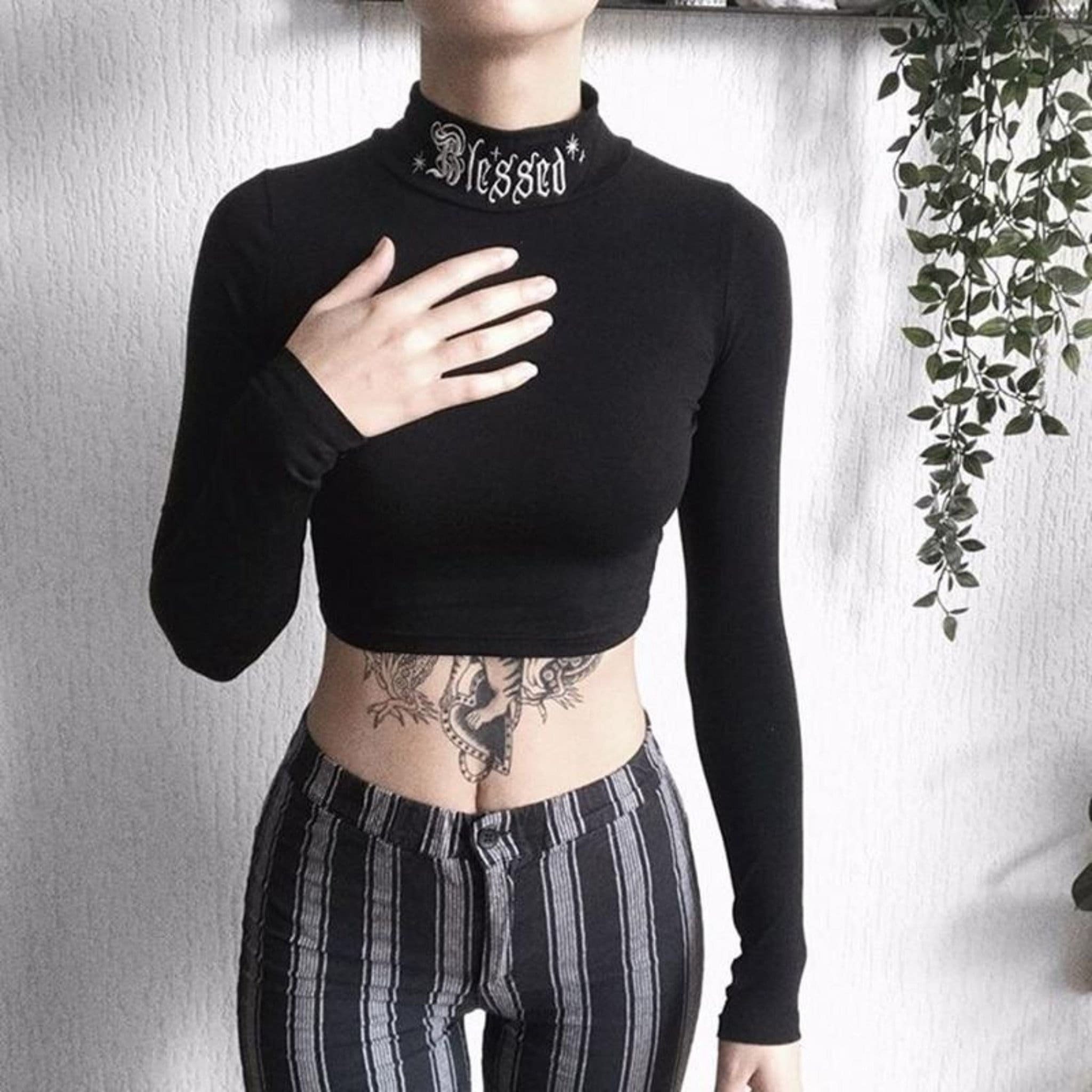 blessed gothic long sleeve crop top in black 3093