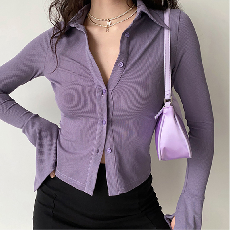 blouses polo lapel single breasted flared collar solid sleeve shirt five color women& 8217s slim long sleeve casual streetwear top 4289