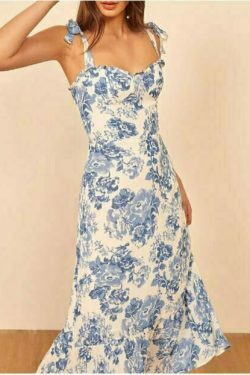 blue and white floral print midi dress with ruffle detail 1173