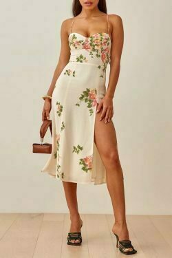 boho beach floral summer dress spaghetti strap sleeveless midi dress 6005