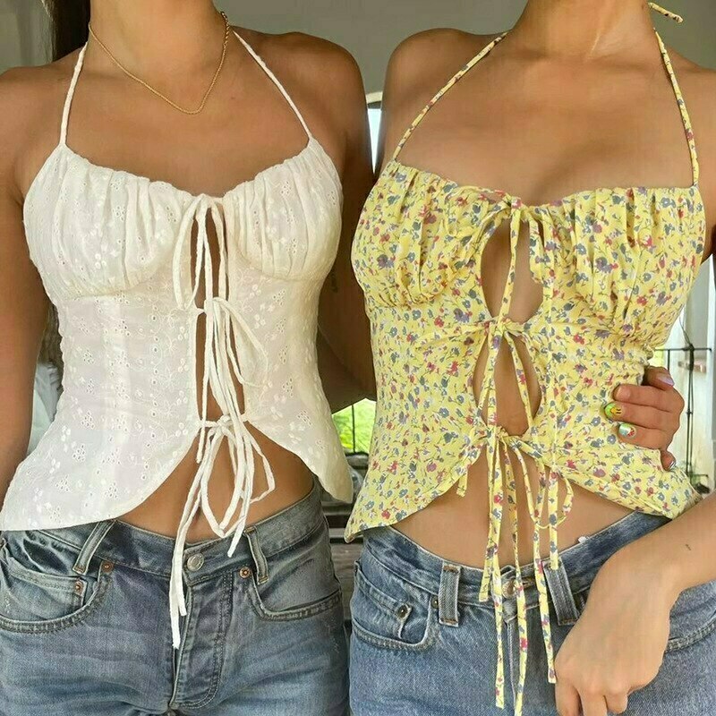 boho floral print camisole lace up backless crop top 7491