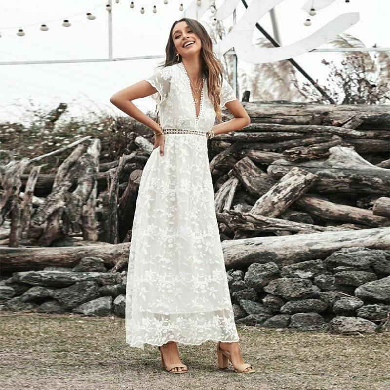 boho lace floral wedding maxi short sleeve hollow out dress 3276