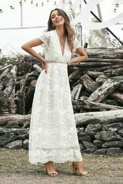 boho lace floral wedding maxi short sleeve hollow out dress 6086