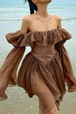 brown pleated dress slash neck ruffles retro sundress 4239