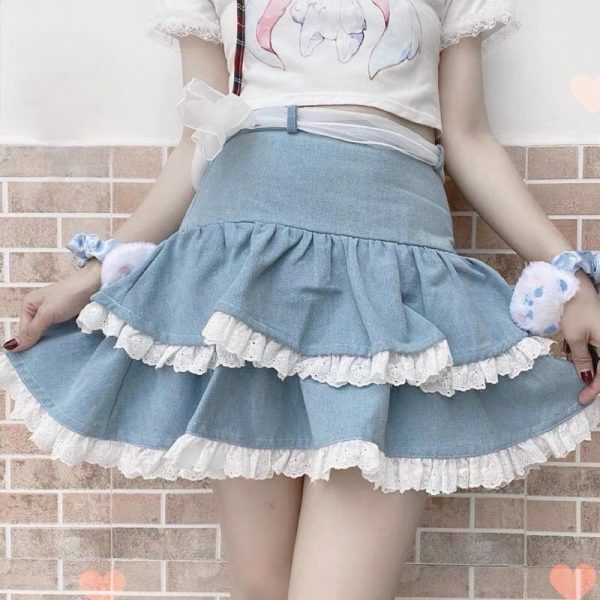 casual japanese kawaii mini skirts women bandage lace sweet cute skirts female fluffy pretty princess lolita skirts summer 7174