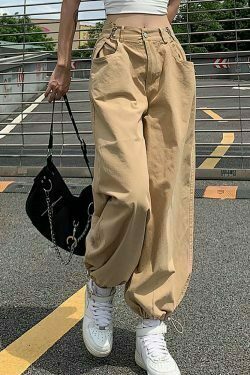 casual swagger y2k fashion khaki oversized cargo pants with adjustable waist drawstring 2562