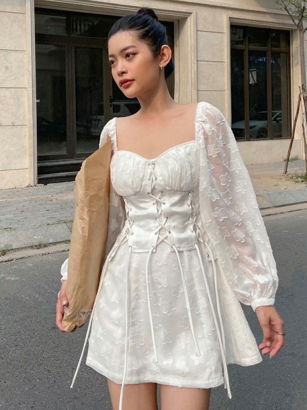 chic elegant square collar jacquard corset white dress women lace up fashion party dress summer transparent sundress 6698