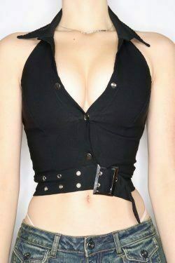 classic chic y2k button corset top bandage turn down collar retro crop top 3027