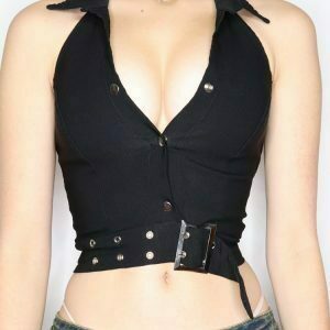 classic chic y2k button corset top bandage turn down collar retro crop top 5247