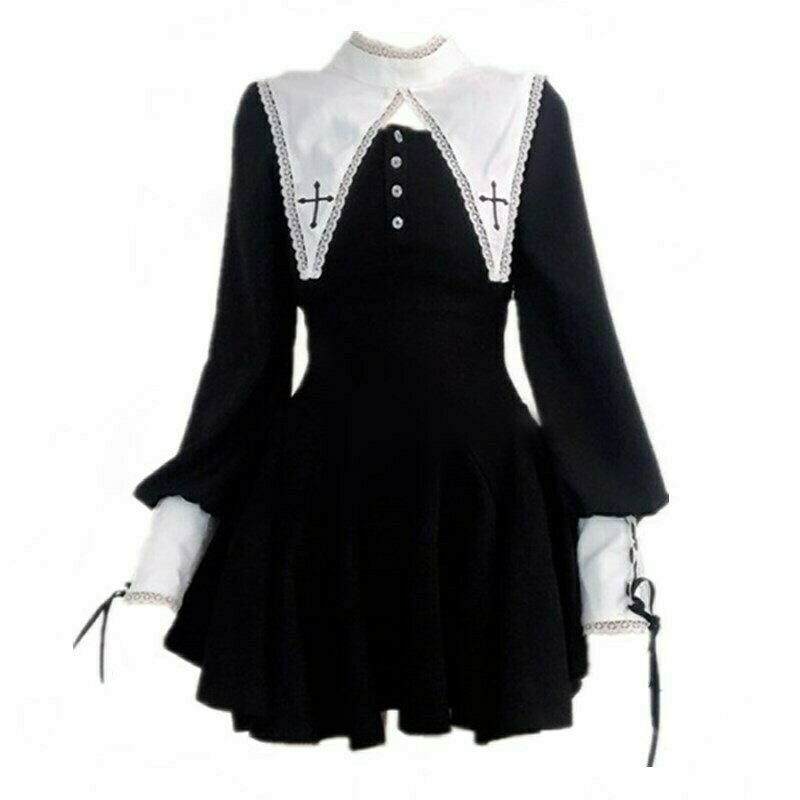 cross white black lolita mall goth mini dress women lace up punk dark aesthetic pleated dresses japanese kawaii emo alt clothes & 8211 dresses 1214