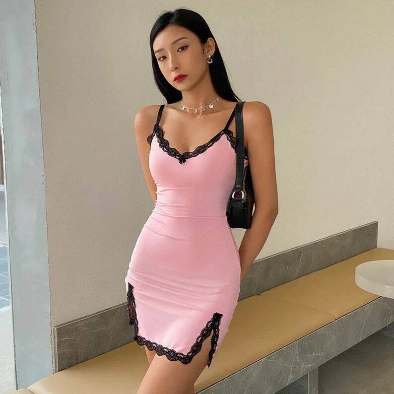 cute black lace trim sexy pink mini slip dress & 8211 y2k preppy 4827