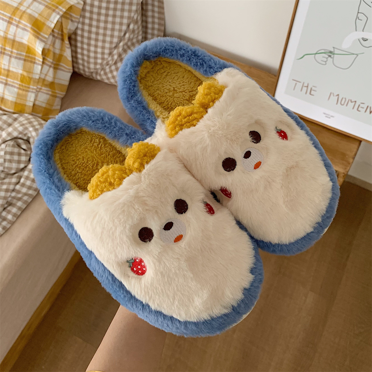 cute shy strawberry bear slippers for women fashion kawaii fluffy winter warm slipper woman cartoon smiley face house slippers 4077