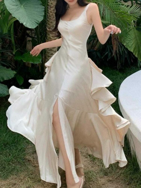 elegant korean satin midi dress with side slit and backless design 2450