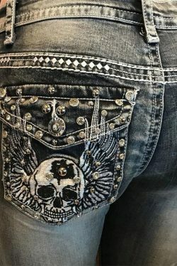 embroidered skull rhinestone slim fit denim trousers 5330