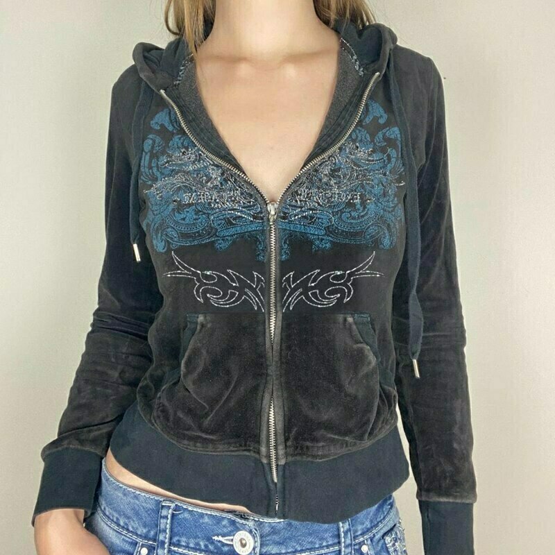 embroidery graphic zip up hoodie retro grunge goth jacket 4146