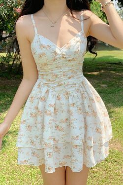 floral pleated dress y2k boho retro french sundress women backless mini dress 1081