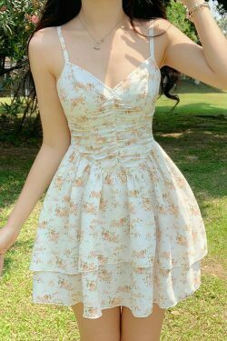 floral pleated dress y2k boho retro french sundress women backless mini dress 6585