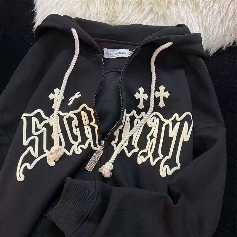 gothic harajuku zip up hoodie for women & 8211 streetwear kawaii cross design 8253