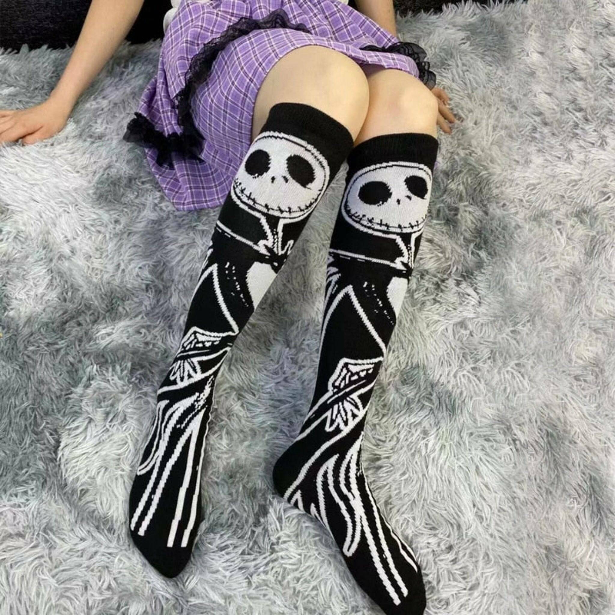 gothic knee socks in black & 8211 jack skellington design 6395