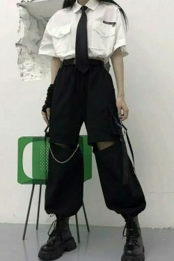 gothic streetwear cargo pants with chain & 8211 punk techwear black wide leg trousers 4444