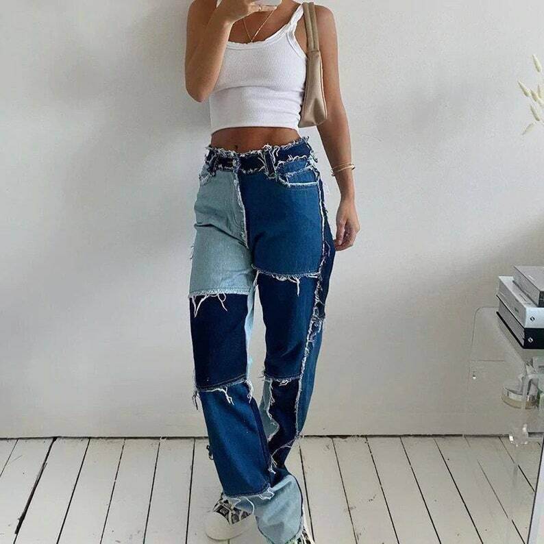 high waisted patchwork cotton jeans y2k streetwear 2092