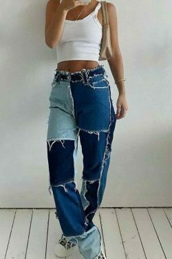 high waisted patchwork cotton jeans y2k streetwear 5575