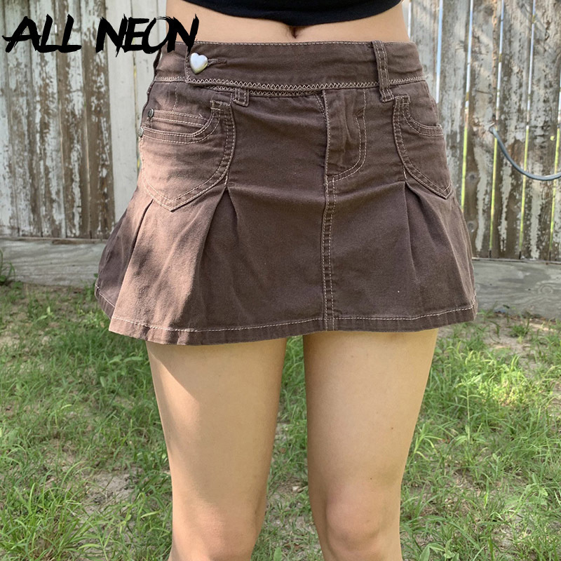 kawaii streetwear brown denim pleated skirts cute s aesthetics zipper a line low waist mini skirt with pockets & 8211 skirts 6088