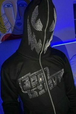 rhinestone demon face zip up hoodie  y2k streetwear  unisex  black 2357