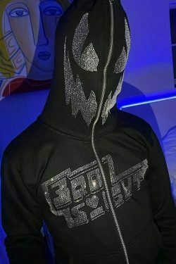 rhinestone demon face zip up hoodie  y2k streetwear  unisex  black 8593