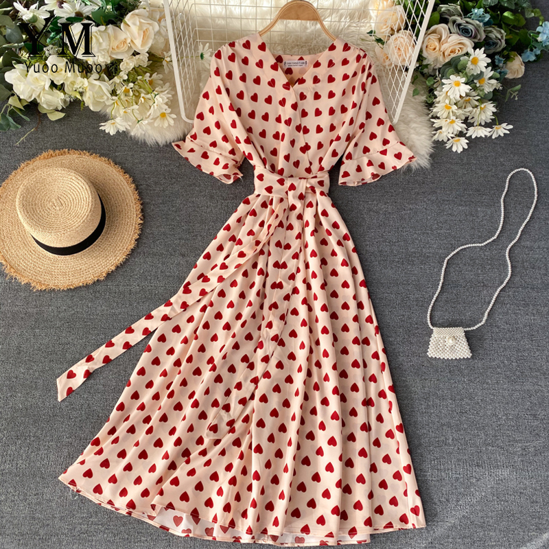 romantic heart print v neck summer dress & 8211 elegant high waist bandage dress 2006