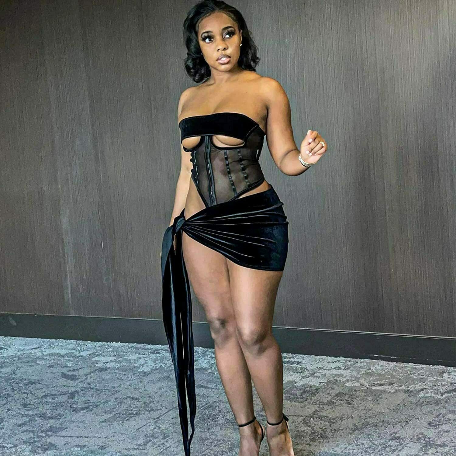 sexy strapless mesh corset top and mini bandage skirt set & 8211 night party clubwear 5259