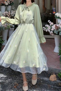 spring college chiffon long sleeve fairy dress party green dresses kawaii clothes women clothing harajuku korean lace fashion & 8211 dresses 3290