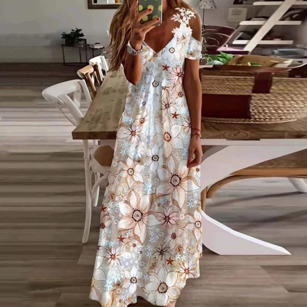 summer lace spaghetti strap maxi dresses women bohemian floral v neck off shoulder long dress casual beach party robe vestidos 8178