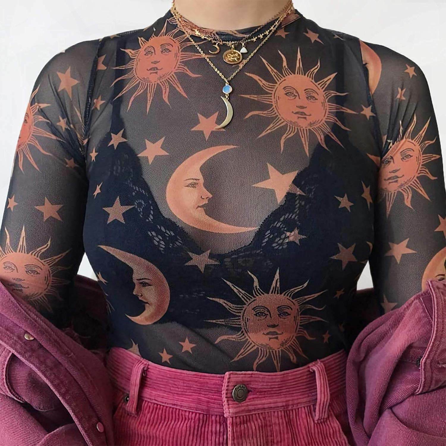 sun moon stars mesh blouse & 8211 y2k aesthetic fashion 8632