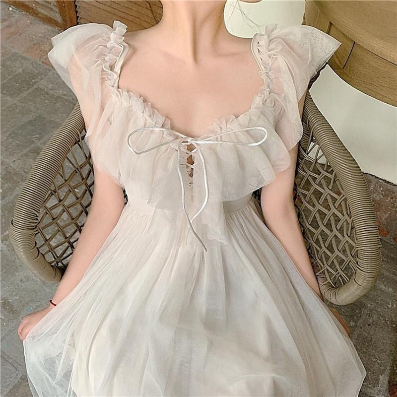 sweet kawaii fairy princess mesh dress elegant white spaghetti strap off shoulder party dresses woman vacation & 8211 dresses 1743