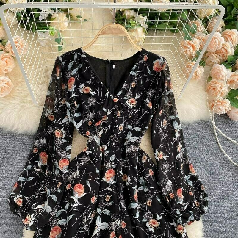 vintage floral print jumpsuit v neck puff sleeve slimming playsuit 6444