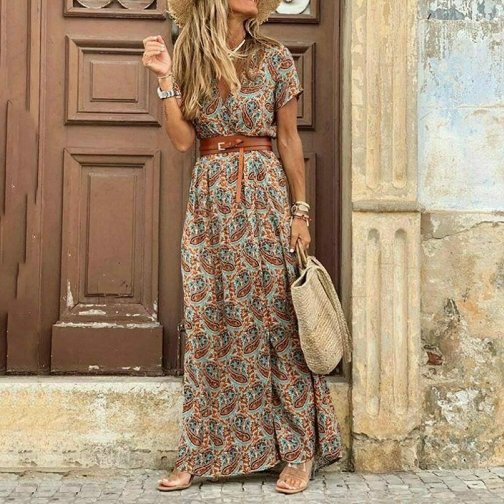 vintage paisley print v neck maxi dress with belt 1191