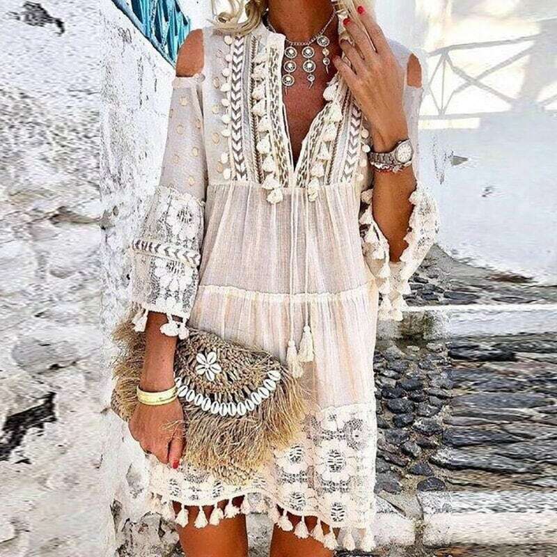 vintage print v neck tassel mini dress & 8211 casual loose three quarter sleeve beach dress 6029