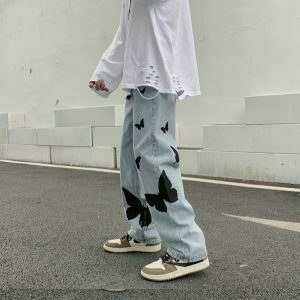 y2k aesthetic butterfly print men& 8217s baggy jeans & 8211 streetwear denim trousers 7563