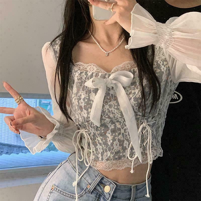 y2k aesthetic outfits ladies thin shirts niche design casual lace bow summer sunscreen clothes blouse sweet thin high waist short top women blusa 1460