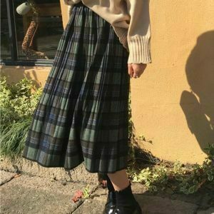 y2k aesthetic outfits vintage wool pleated plaid skirt women high waist long skirt autumn winter harajuku female party skirt streetwear 1566