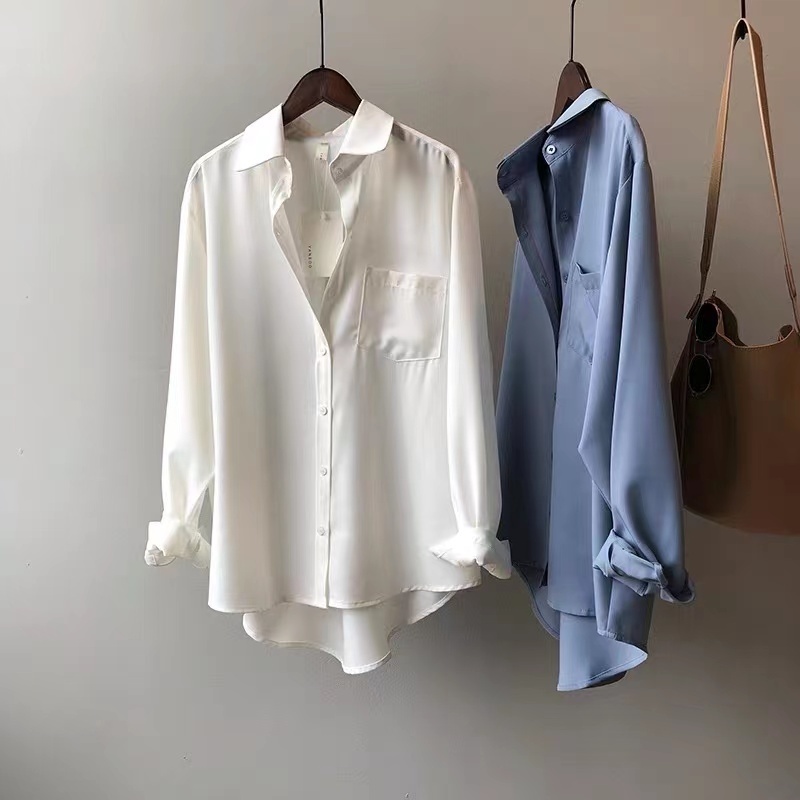 y2k aesthetic outfits women long sleeve tops solid satin polo neck lady office shirts elegant blouse button up shirt korean fashion clothing 1655