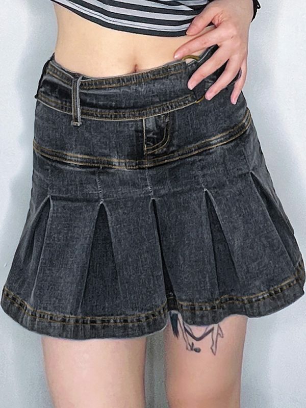 y2k black denim skirt high waist patchwork pleated e girl bottoms 2524